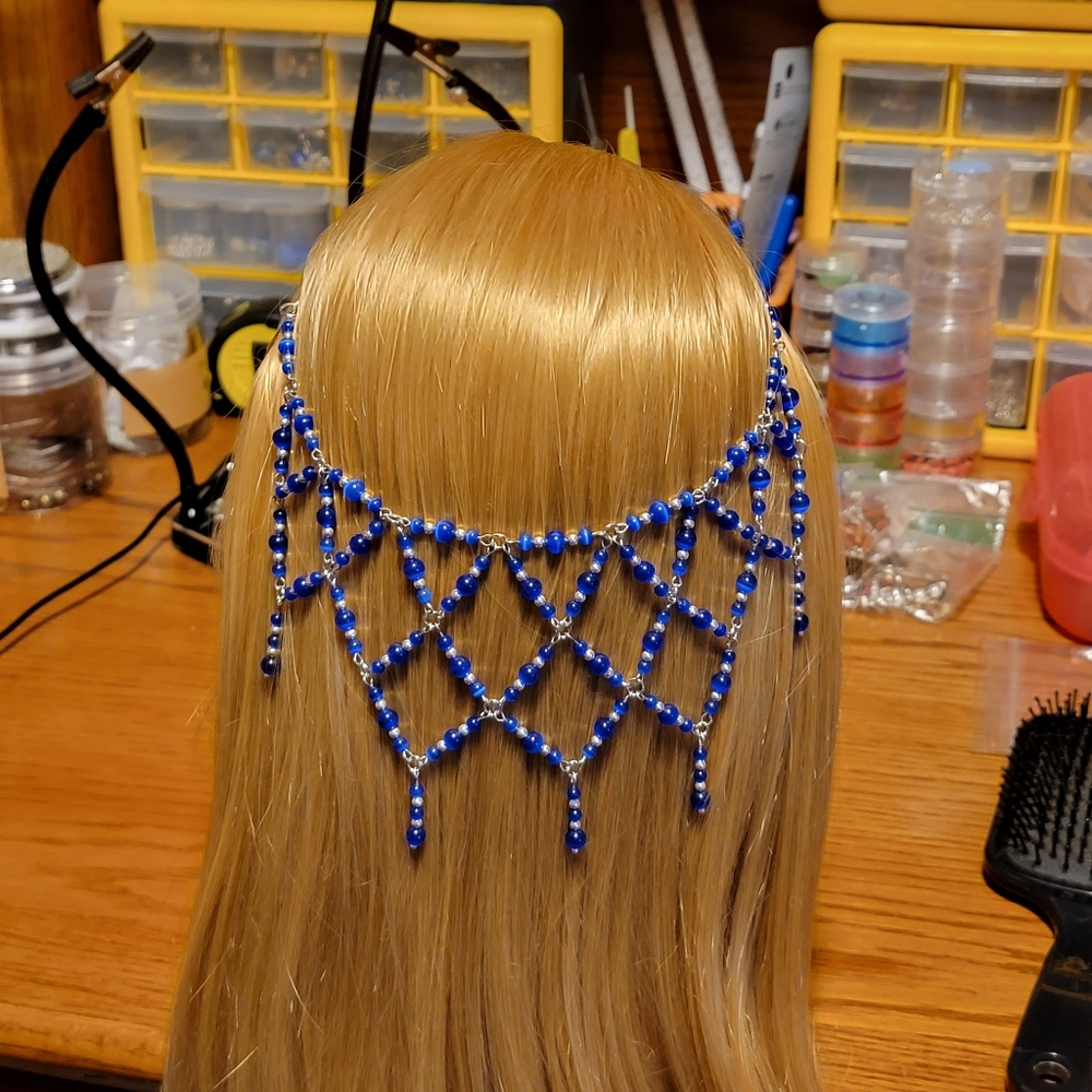 Barrette dangle Criss-cross wrap made with blue cats-eye